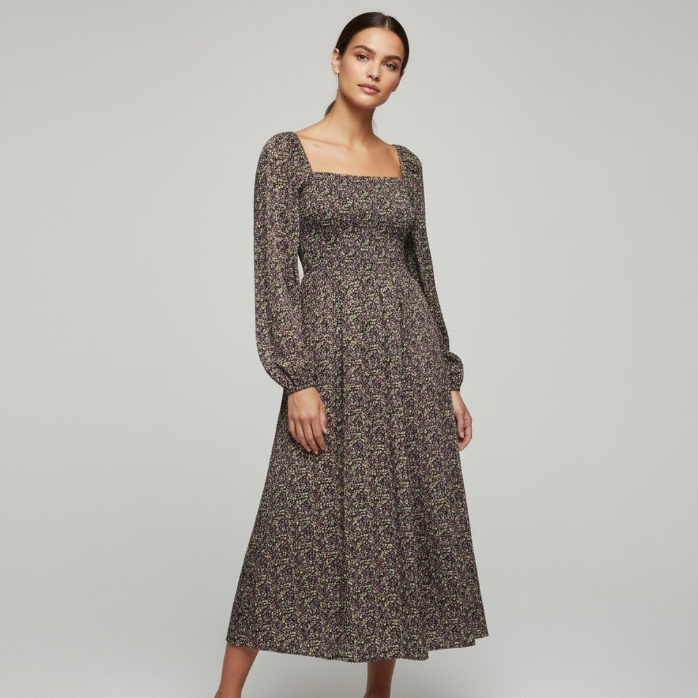 J.Crew Liberty Fabric Smocked Midi Dress Floral Long Sleeve Purple sz Small NEW